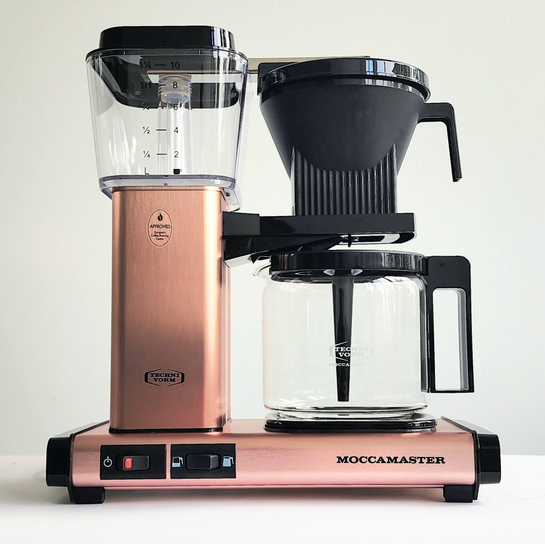 Rose Gold Moccamaster KBGV Select coffee maker on a white background