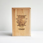 Wood SYPCOFFEE Box with engraved manifesto on a white background